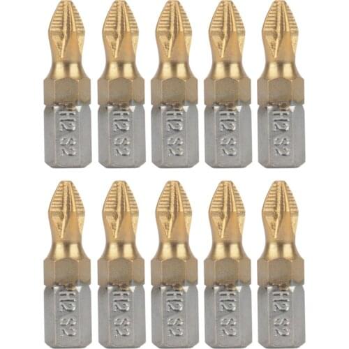 10Pcs Titanium Coated 1/4" Hex Shank PH2 Screwdriver Bit Drill Bits 25mm Length Anti Slip Electric Screwdriver Bits