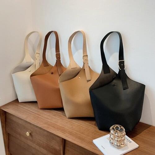 2021 Women Solid Color Tote Bags Large Bag High Capacity Bucket Shoulder Bags Vintage PU Leather Handbags Daily Crossbody Bags