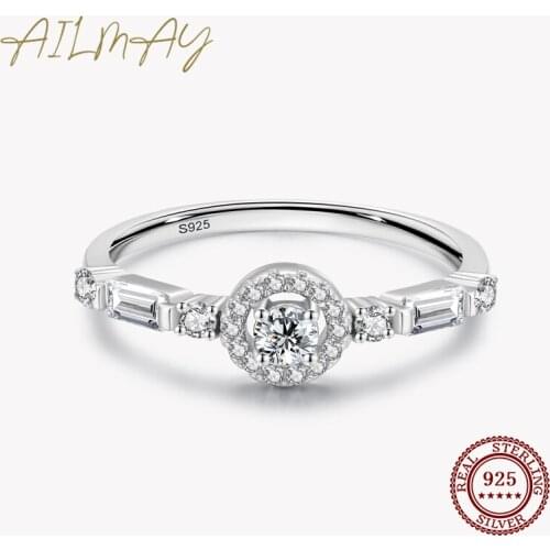 Ailmay New Style Exquisite 925 Sterling Silver Clear Zircon Round Finger Ring For Women Classic Wedding Statement Jewelry