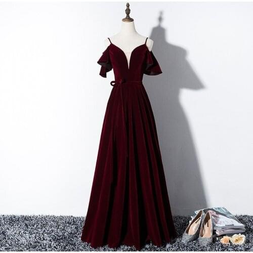 Burgundy Velvet Prom Dresses Spaghetti Strap A-Line Ruffle Sleeveless Boat Neck Formal Party Celebrity Evening Gowns New Elegant