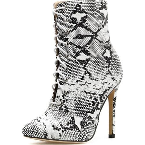 Boots Women Serpentine Cross Strap Pointed Shoes Sexy Snake Lace-Up Booties Shoes Pour Woman