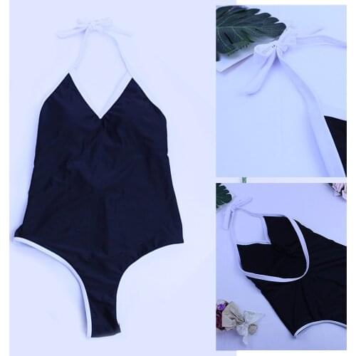 One-piece Swimsuit Simple Solid Color Black and White Stitching Bikini New Beach Sexy Open Back Soft Womens Swimsuit