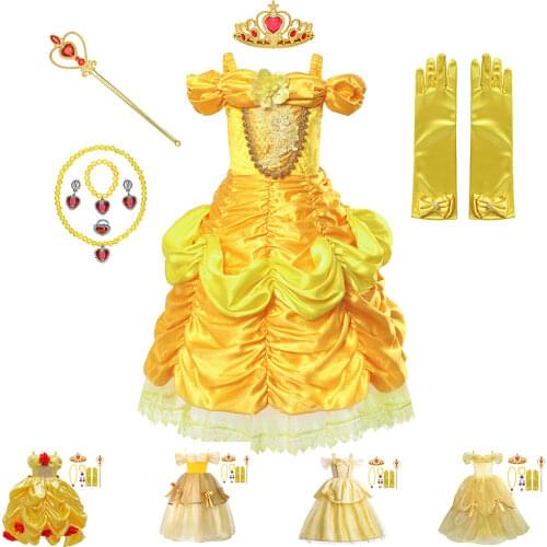 The Beauty and The Beast Dress Kids Christmas Party Cosplay Belle Princess Costume Flowers Print Off Shoulder Prom Dress