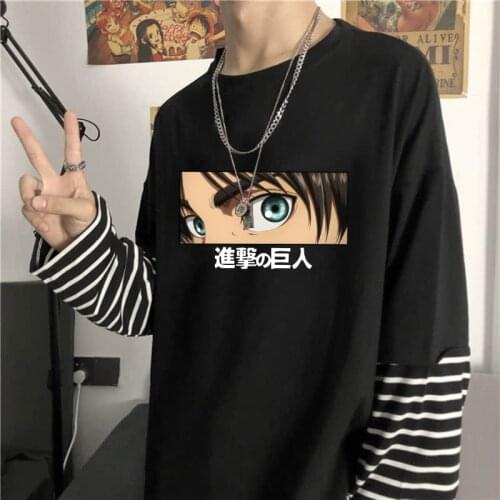 Japan Anime Attack On Titan Eren Jaeger Eyes Printing Men T-shirt Fashion Korean Summer Fake Two-piece Short Sleeve Men T Shirts