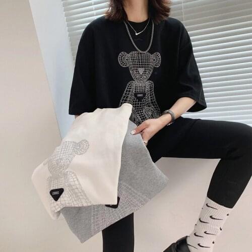 2021 Fashion Summer Womens Loose-Fit Little bear T-Shirt Crew Neck Thick Versatile Mid-Length Tops