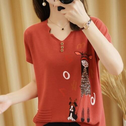 Summer Womans Tees Shirt Chic Casual V-Neck Short Sleeve 100% Cotton Knitted Female Pullover Thin Tops Clothing Jumpers T-Shirt