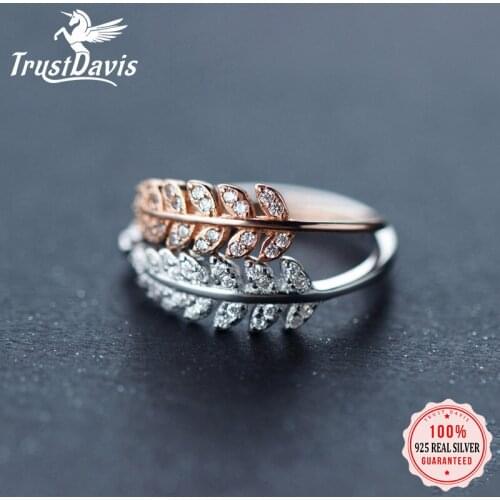 Trustdavis 100% 925 Sterling Silver Fashion Leaves CZ Opening Finger Ring For Women Wedding Anniversary S925 Ring Jewelry DS958