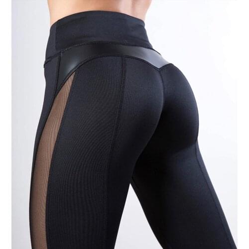 CHRLEISURE Mesh High Waist Fitness Leggings Women GYM Workout PU Leather Femme Patchwork Joggings Dropship