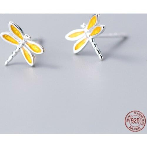 LKO 925 Sterling Silver Piercing Low Allergy Yellow Color Dragonfly Stud Earrings for Women Girls Fashion Jewelry Ornaments