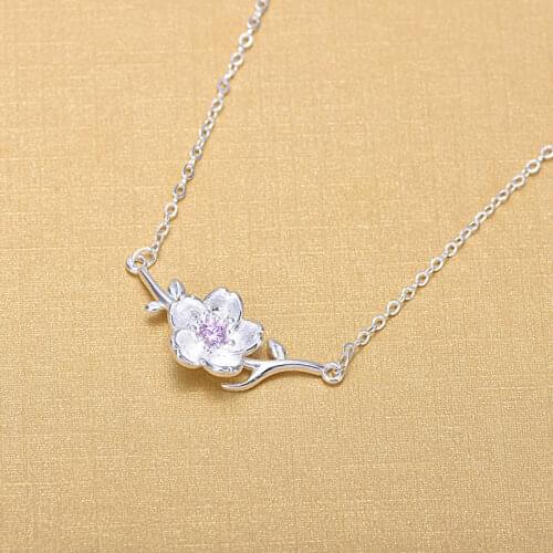 Fashion Luxury Cherry Blossom Statement Necklaces Women 925 Sterling Silver Crystal Rhinestone Leaves Pendant Necklaces