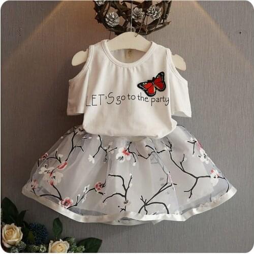 2016 Spring Summer New Girl Butterfly Embroidery Strapless Short T-Shirt Sweater Yarn Half-body Skirt 2 Pieces Suit