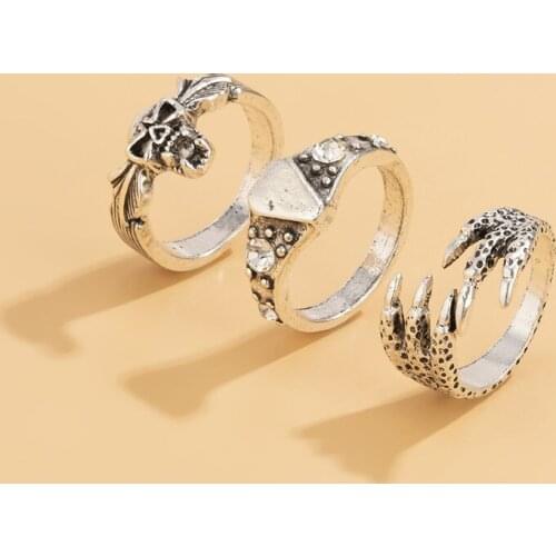 New Gothic Vintage Rings Set Alloy Skull Eagle Claw Zircon Personality Rings For Women and Men Hip Hop Punk Gift Party 3 Pcs/Set