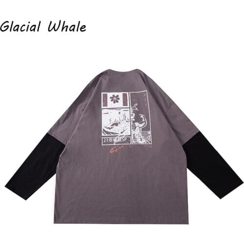 GlacialWhale Clothing Mens 2021 Autumn Fake Two-piece Anime Brown T-shirt Male Hip Hop Japanese Streetwear Mens Long-sleeved