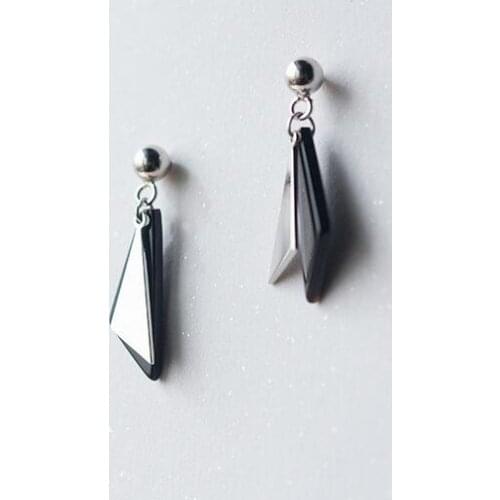 1pair 100% Real. 925 Sterling Silver Fine Jewelry black &White Double Triangle with Round Beads LONG earrings geometric GTLE1673