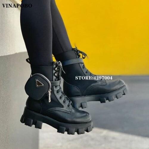 Luxury brand shoes Woman Black Leather Ankle Boots Women Pocket Decor Motorcycle Short Boots Thick sole platform Shoes ladies