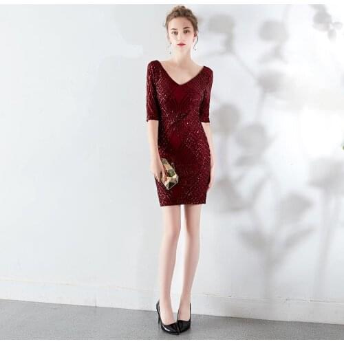 Sexy Striped Sequin Dress Party Prom Dresses Women 2020 V Neck Mid Sleeve Backless Evening Short Dress Female Robe De Soiree