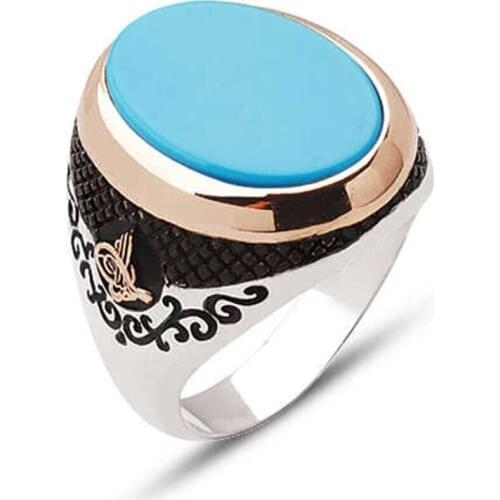 Silver Oval Cut Squeezing Turquoise Gemstone Sides Tuğralı Male Ring