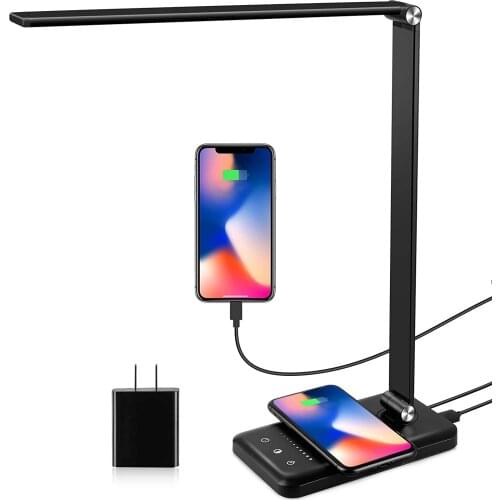 LED Desk Lamp with Wireless Charger, USB Charging Port, Modern Eye-Caring Lamps for Home Office, 5 Lighting Modes and