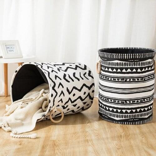 Wooden Handle Thick Folding Laundry Basket Round Storage Bin Bag Large Hamper Collapsible Clothes Toy Holder Bucket Organizer