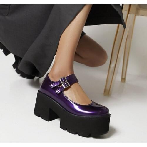 Super High Waterproof Platform Purple Patent Leather Platform Shoes Thick-Soled Bright Leather Yellow Hollow Heel Womens Shoes