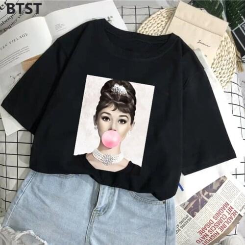 Audrey Hepburn Pink Bubble Women Clothes Polyester Gothic Streetwear Korean Harajuku Graphic Tshirts Casual Tops Punk Tshirt