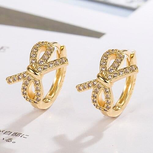 Chic Bowknot Crystal Zircon Diamonds Gemstones Hoop Clip On Stud Earrings for Women 18k Gold Color Jewelry Brincos Accessories