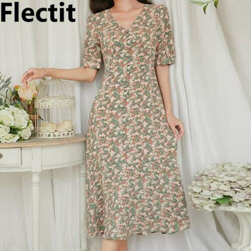 Flecti Womens Ditsy Floral Midi Dress Feminine Spring Summer Vintage Long Dress Short Sleeve V-Neck Button Front Flowy Dress
