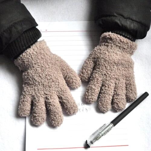 Elementary school winter warm knitted gloves plus velvet thickening coral fleece furry woolen gloves
