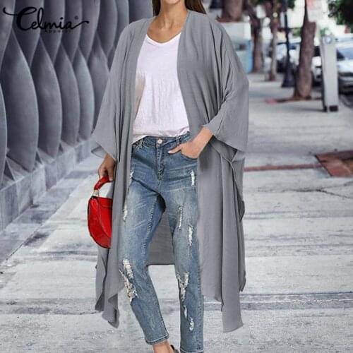 2021 Celmia Oversized Women Vintage Kimono Long Cardigans Summer Long Sleeve Casual Solid Blouses Fashion Beach Cover Up