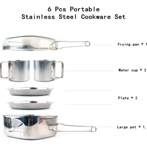 6 Pcs Portable Stainless Steel Cookware Set Bowl Pot Cup Frying Pan For Outdoor Camping BBQ Hiking Backpacking Picnic Travel