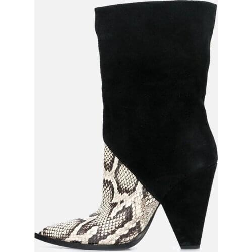 Woman Sexy Spike Heels Python Leather Patchwork Ankle Boots Pointed Toe Short Boots Women Slip On Boots Mujer Shoes Woma