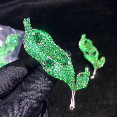Green color 925 sterling silver with cubic zircon leaf brooch unisex jewelry fine jewelry for men & women double leaves