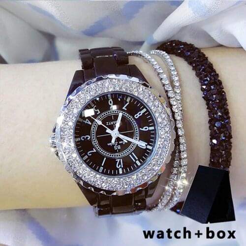 Bs Black Ceramic Watches Women Luxury Brand Watch 2020 Rhinestone Dress Ladies Wristwatch Elegant Women Wrist Watches With Box