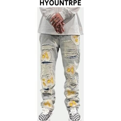 High Street Denim Jean Pants Casual Loose Destroyed Ripped Holes Straight Jeans Men Fashion Patchwork Hip Hop Streetwear Joggers