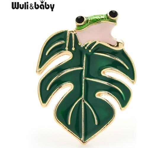 Wuli&baby Enamel Frog Brooches For Women 2-color Leaf Animal Party Causal Brooch Pins New Year Gifts
