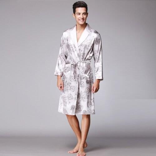 Men Silk Summer Satin Kimono Bathrobe Plus size Golden Dragon Knee Length Long Sleeve Black Bath Robe Dressing Gown Sleepwear