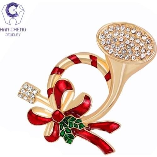 HanCheng Christmas New Year Hot Horn Bowknot Golden Glaze Rhinestone Crystal Musical instrument Women Brooch Jewelry Gifts