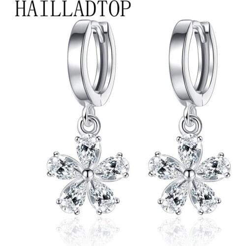 Sweet Snowflake Pear Flower Drop Earrings Copper Rhinestone Cubic Zirconia Ear Jewel Zircon 5-Petals Flower Hook Earrings