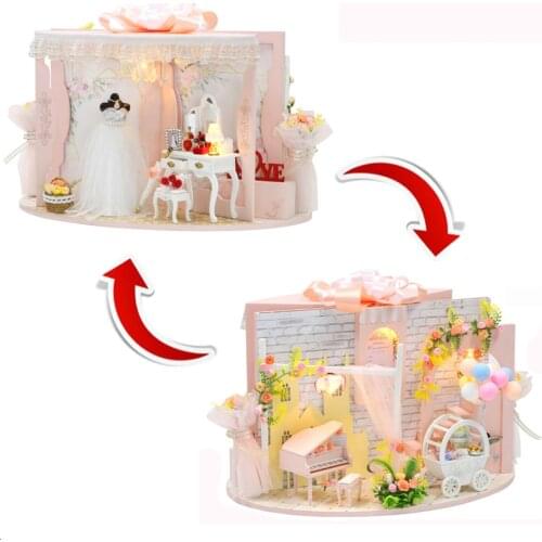 DIY Wooden Doll House Kit Miniature with Furniture Light Wedding Dress Car Cottage Dollhouse Toys for Girls Xmas Gifts