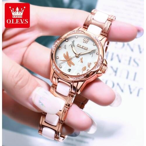 OLEVS 2021 Luxury New Ceramic Diamond Ladies Unique Watch Ladies Automatic Mechanical Watch Ladies Bracelet Waterproof Watch