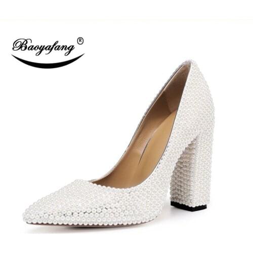 BaoYaFang New Arrival Autumn Womens Pearl Wedding shoes High Thick Heel fashion shoes Woman Pointed Toe Party Heels shoe female
