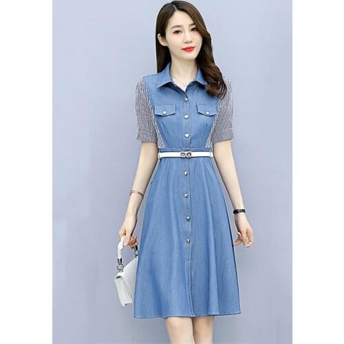 Summer Denim Dress Korean Style Fashion Casual Striped Jeans Shirt Dress Women Short Sleeve Elegant Midi Dresses Vestido De Muje