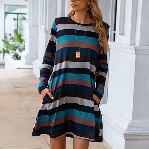 Dress Womens Long Sleeve Striped Printed Casual Swing Tunic Dress Loose Pockets Vestido De Mujer Sukienka Платье Женское @40
