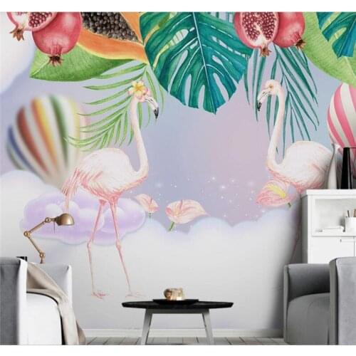 Custom 3D wallpaper murals-Nordic ins pink couple flamingo childrens room background wall