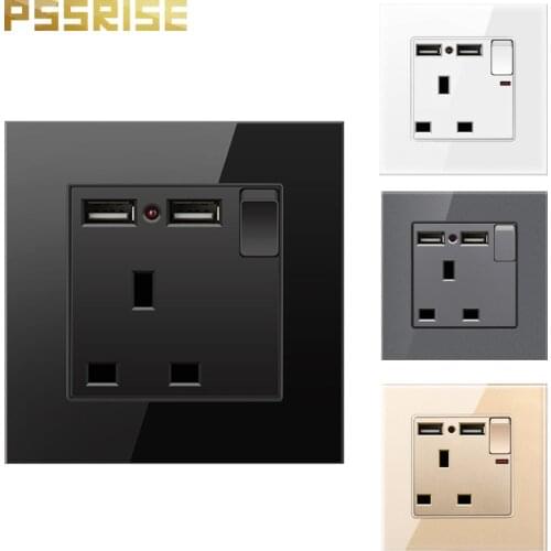 G11 Crystal Glass Panel 1 witch 2 USB UK Standard Switched Socket with Neon Wall Outlet Grounded With Children Protective Door