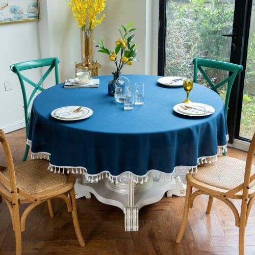 Round Large Tablecloth Linen Cotton Home Dining Table Covers Pure Color Desk Decoration Table Cloth with Tassel Manteles 220cm