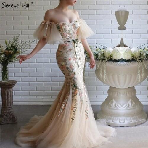 Serene Hill Champagne Mermaid Off Shoulder Sexy Evening Dress Handmade Flowers Pearls Sleeveless Formal Party Gown 2020 CLA70444