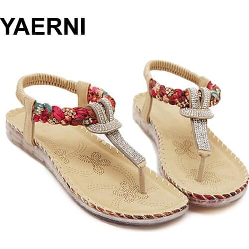 YAERNI Flat shoes Women 2021new summer national wind sandals Bohemian diamond big size shoes beach shoes Flip-Flops BT538
