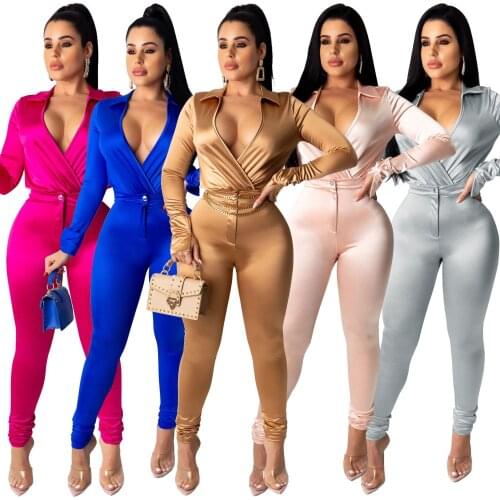 2020 Autumn Women Solid Color Two Piece Sets Fashion Lady Sexy Deep V-neck Full Sleeve Tops High Waist Bodycon Pencil Pants Sets