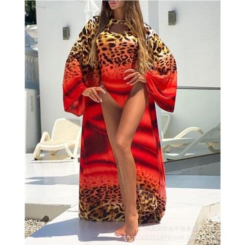 WEPBEL Women Leopard Bodycon Bodysuit + Cover Up 2 Piece Set Swim Suit Bikini Set Swimsuit Female Swimwear Push Up Bathing Suit